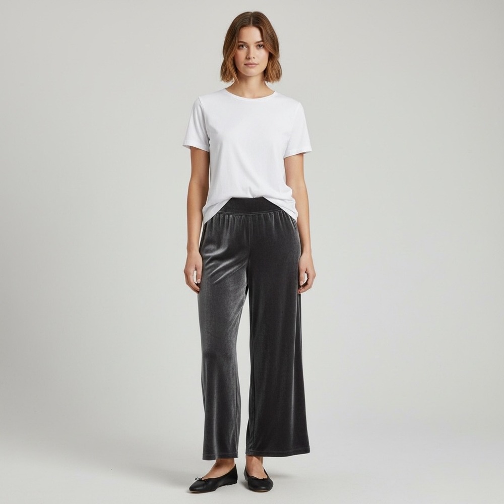 Lands End Gray Velvet Wide Leg Palazzo Pants Women's Size Large 14-16 Pull On